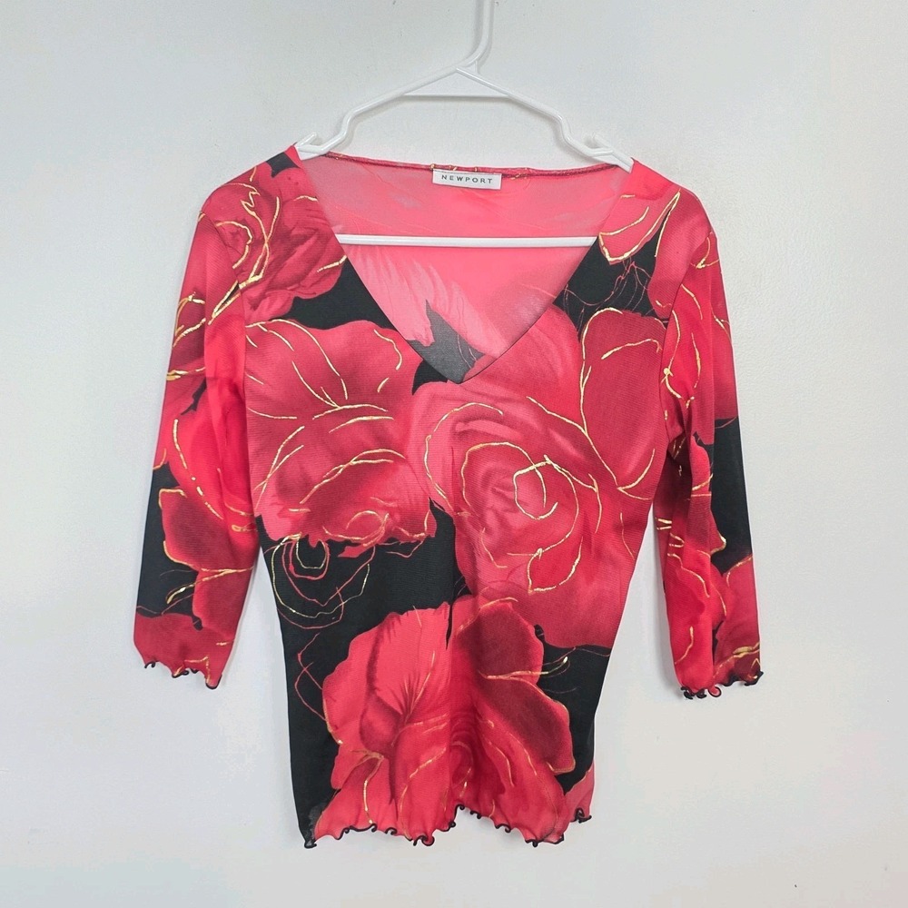 Newport Red Black Gold Floral Feminine Half Sleeve 90s Whimsygoth Blouse Size S‎